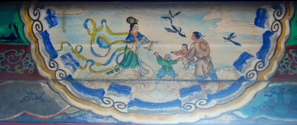 O encontro de Zhinü e Niulang sobre a ponte de pássaros. Arte exposta no Palácio de Verão em Beijing.